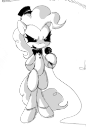 Size: 325x478 | Tagged: safe, artist:hellworldnohope, pinkie pie, earth pony, pony, g4, bipedal, black and white, black sclera, bowtie, female, grayscale, hat, hoof hold, mare, microphone, monochrome, sketch, solo, top hat