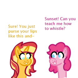 Size: 1000x1000 | Tagged: safe, artist:zoeyhorse, pinkie pie, sunset shimmer, earth pony, pony, unicorn, g4, bust, dialogue, duo, duo female, female, horn, lesbian, mare, ship:sunsetpie, shipping, simple background, white background