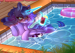 Size: 2500x1768 | Tagged: safe, artist:yuris, princess luna, alicorn, pony, alcohol, bush, cocktail, drink, ears up, glass, glasses, lies, looking at you, magic, solo, swimming pool, telekinesis, umbrella, water