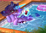Size: 2500x1768 | Tagged: safe, artist:yuris, princess luna, alicorn, pony, g4, alcohol, bush, cocktail, drink, ears up, glass, glasses, lies, looking at you, magic, solo, swimming pool, telekinesis, umbrella, water