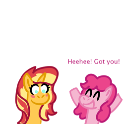 Size: 1000x1000 | Tagged: safe, artist:zoeyhorse, pinkie pie, sunset shimmer, earth pony, pony, unicorn, g4, blushing, dialogue, duo, duo female, female, horn, lesbian, mare, ship:sunsetpie, shipping, simple background, smiling, surprised, white background