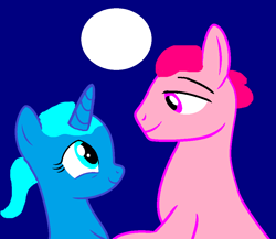 Size: 958x833 | Tagged: safe, artist:memeartboi, earth pony, pony, unicorn, g4, blue background, buff, canon ship, couple, date, date night, dating, duo, duo male and female, female, happy, horn, husband and wife, looking at each other, looking at someone, male, mare, married couple, moon, moonlight, muscles, nicole watterson, non-mlp shipping, ponified, richard watterson, romance, romantic, shipping, simple background, stallion, straight, the amazing world of gumball