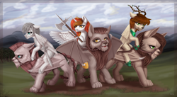 Size: 4428x2421 | Tagged: safe, artist:livingcolor1234, oc, oc only, oc:king mirael, oc:king phoenix, oc:light knight, alicorn, cat, hybrid, manticore, pegasus, pony, alicorn oc, arrow, axe, bogatyr, bow (weapon), bow and arrow, commission, fine art parody, hoof shoes, horn, jewelry, male, medieval, peytral, polearm, poleaxe, ponies riding cats, regalia, riding, slavic, stallion, sword, weapon, wings