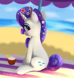 Size: 2048x2168 | Tagged: safe, artist:darksly, rarity, pony, unicorn, g4, atg 2023, beach, beach blanket, beach umbrella, blushing, cocktail umbrella, coconut cup, cute, drinking straw, female, flower, flower in hair, high res, horn, looking at you, looking back, looking back at you, mare, newbie artist training grounds, ocean, outdoors, raribetes, sitting, smiling, smiling at you, solo, tail, water
