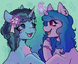 Size: 740x608 | Tagged: safe, artist:fellow_feline, izzy moonbow, misty brightdawn, pony, unicorn, g5, abstract background, accessory, blushing, duo, female, glowing, glowing horn, horn, lesbian, looking at each other, looking at someone, mare, ship:mizzy, shipping