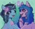 Size: 740x608 | Tagged: safe, artist:fellow_feline, izzy moonbow, misty brightdawn, pony, unicorn, g5, abstract background, accessory, blushing, duo, female, glowing, glowing horn, horn, looking at each other, looking at someone, mare, smiling