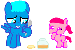 Size: 2668x1784 | Tagged: safe, artist:memeartboi, earth pony, pegasus, pony, anais watterson, baby, baby pony, brother and sister, colt, cute, duo, duo male and female, female, filly, foal, food, gumball watterson, happy, male, peanut butter, ponified, sibling, sibling bonding, sibling love, siblings, simple background, sister, smiling, spoon, the amazing world of gumball, toddler, white background, younger