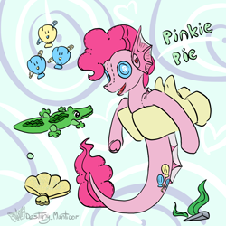 Size: 1450x1450 | Tagged: safe, artist:destiny_manticor, pinkie pie, alligator, merpony, pony, seapony (g4), g4, abstract background, barrette, bubble, doll, dorsal fin, female, fin, fish tail, floppy ears, flowing mane, flowing tail, hand, mare, mermay, ocean, open mouth, plushie, seaponified, seapony pinkie pie, seashell, seaweed, species swap, swimming, tail, toy, underwater, water