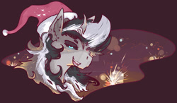 Size: 1280x749 | Tagged: safe, artist:elliemore-casp, oc, oc only, oc:loona, pony, unicorn, black sclera, bust, christmas, ear fluff, female, hat, holiday, horn, mare, santa hat, solo, watermark