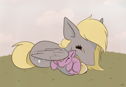 Size: 3558x2460 | Tagged: safe, artist:tkshoelace, derpy hooves, dinky hooves, pegasus, pony, unicorn, g4, cloud, cuddling, duo, duo female, equestria's best mother, female, grass, horn, mother and child, mother and daughter, sleeping