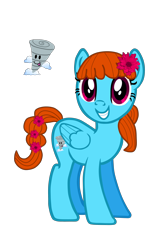 Size: 2300x3472 | Tagged: safe, artist:darkpinkmonster, artist:kinnichi, artist:user15432, artist:xgeneralmarshmallowx, oc, oc only, oc:messy twister, pegasus, pony, g4, base used, cutie mark, female, flower, flower in hair, flower in tail, mare, simple background, smiling, solo, stand, tail, transparent background