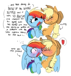 Size: 1137x1217 | Tagged: safe, artist:appledash3r_, applejack, rainbow dash, earth pony, pegasus, pony, g4, ..., 2 panel comic, applejack's hat, blonde mane, blue coat, blushing, cheek kiss, colored sketch, comic, cowboy hat, dialogue, duo, duo female, eyelashes, female, flustered, freckles, hat, implied daring do, information dump, information dumping, kissing, lesbian, long mane, looking at each other, looking at someone, mare, multicolored hair, multicolored mane, narrowed eyes, no catchlights, nose wrinkle, one eye closed, open mouth, open smile, orange coat, ponytail, rainbow hair, raised hooves, scrunchy face, ship:appledash, shipping, shrunken pupils, sketch, smiling, smiling at someone, speech bubble, spread wings, talking, text, tied mane, wingboner, wings