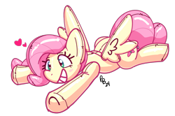 Size: 2359x1562 | Tagged: safe, artist:ponballoon, fluttershy, inflatable pony, pegasus, floating heart, grin, heart, inflatable, lying down, plop, pool toy, prone, smiling, solo, sploot, spread wings, underhoof, wings