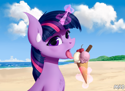 Size: 4600x3333 | Tagged: safe, artist:mricantdraw, twilight sparkle, pony, unicorn, g4, beach, bust, cherry, chest fluff, cloud, cute, ear fluff, eating, eyebrows, eyebrows visible through hair, female, food, glowing, glowing horn, high res, horn, ice cream, ice cream cone, levitation, looking at you, magic, magic aura, mare, ocean, open mouth, outdoors, portrait, sky, solo, telekinesis, tongue out, twiabetes, unicorn twilight, water