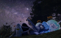 Size: 1920x1200 | Tagged: safe, artist:rinny, princess celestia, princess luna, alicorn, anthro, g4, 3d, blue coat, dutch angle, ethereal mane, female, horn, lying down, multicolored hair, night, on back, outdoors, siblings, sisters, stargazing, starry mane, stars, unicorn horn, white coat