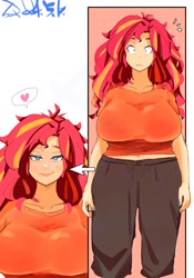 Size: 1400x2000 | Tagged: safe, artist:sozglitch, sunset shimmer, human, big breasts, breasts, busty sunset shimmer, clothes, huge breasts, humanized, lidded eyes, looking at you, pajamas, smiling, smiling at you, surprised, wide hips