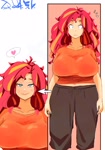 Size: 1400x2000 | Tagged: safe, artist:sozglitch, sunset shimmer, human, g4, big breasts, breasts, busty sunset shimmer, clothes, huge breasts, humanized, lidded eyes, looking at you, pajamas, smiling, smiling at you, surprised, wide hips