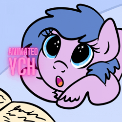 Size: 1080x1080 | Tagged: safe, artist:lannielona, oc, pony, advertisement, animated, bed, bedtime, bedtime story, commission, female, gif, looking up, mare, open mouth, solo, sparkly eyes, unshorn fetlocks, wingding eyes, your character here