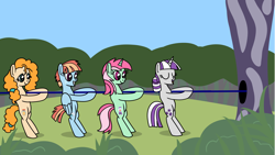 Size: 1920x1080 | Tagged: safe, artist:platinumdrop, minty bubblegum, pear butter, twilight velvet, windy whistles, earth pony, pegasus, unicorn, g4, bipedal, commission, eyes closed, eyes open, hole, horn, pulling, rope, smiling, standing, tired eyes