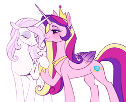 Size: 1050x851 | Tagged: safe, artist:frowoppy, fleur-de-lis, princess cadance, alicorn, pony, unicorn, g4, beautiful, concave belly, couple, duo, duo female, eyes closed, female, fleurdance, horn, horns are touching, infidelity, lesbian, love, lovers, pretty, shipping, simple background, slender, smiling, thin, white background, white pony