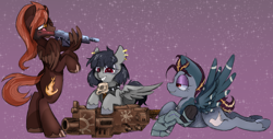 Size: 6295x3200 | Tagged: safe, artist:xx_girlscout_cookie_xx, oc, oc only, oc:kometka, oc:quicksilver, oc:riot wind, pegasus, fanfic:iron hearts, amputee, amulet, chaos star, crossover, female, gun, heavy bolter, jewelry, laser gun, lasgun, pegasus oc, prosthetic leg, prosthetic limb, prosthetics, soldier pony, this will end in death, trio, trio female, warhammer (game), warhammer 40k, weapon, wing hold, wings