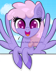 Size: 1550x2000 | Tagged: safe, artist:scandianon, rainbowshine, pegasus, pony, g4, cloud, cute, dialogue, female, happy, looking at you, mare, open mouth, open smile, sky, smiling, spread wings, talking, talking to viewer, wings