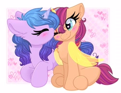 Size: 2834x2160 | Tagged: safe, artist:lbrcloud, izzy moonbow, sunny starscout, alicorn, earth pony, pony, unicorn, g5, blushing, cheek kiss, duo, duo female, female, heart, horn, kissing, lesbian, lying down, prone, race swap, ship:moonscout, shipping, sitting, smiling, sunnycorn, ych example, your character here