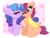 Size: 2834x2160 | Tagged: safe, artist:lbrcloud, izzy moonbow, sunny starscout, alicorn, earth pony, pony, unicorn, g5, blushing, cheek kiss, duo, female, heart, horn, kissing, lesbian, lying down, prone, race swap, ship:moonscout, shipping, sitting, smiling, sunnycorn, ych example, your character here