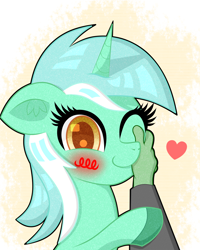 Size: 1600x2000 | Tagged: safe, artist:scandianon, lyra heartstrings, oc, oc:anon, human, pony, unicorn, g4, blush scribble, blushing, caress, female, floppy ears, heart, horn, human on pony petting, human pov, looking at you, mare, offscreen character, offscreen human, one eye closed, petting, smiling