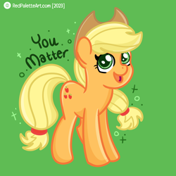 Size: 2000x2000 | Tagged: safe, artist:redpalette, applejack, earth pony, pony, cute, female, mare, open mouth, open smile, positive ponies, smiling, text