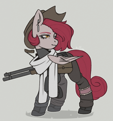 Size: 2337x2500 | Tagged: safe, artist:bellumangeli, oc, oc only, oc:red ashes, pegasus, pony, clothes, female, gray background, hat, looking back, pegasus oc, scarf, simple background, solo, weapon, wings, yellow eyes