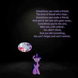 Size: 957x957 | Tagged: artist needed, safe, anonymous artist, artist:craftybrony, edit, edited screencap, screencap, apple bloom, scootaloo, sweetie belle, twilight sparkle, alicorn, earth pony, pegasus, pony, unicorn, g4, marks for effort, alternate scenario, apple bloom's bow, bow, crying, cutie mark crusaders, dark background, dialogue in the description, female, filly, floppy ears, foal, hair bow, horn, mare, song in the description, song reference, thomas and friends, thomas the tank engine
