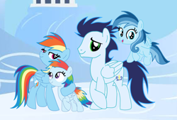 Size: 2856x1935 | Tagged: artist needed, safe, rainbow dash, soarin', oc, oc:ragtag, oc:shooting star, pegasus, pony, female, filly, foal, male, mare, offspring, parent:rainbow dash, parent:soarin', parents:soarindash, screencap background, ship:soarindash, shipping, siblings, stallion, straight, twins