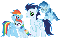 Size: 2856x1935 | Tagged: safe, rainbow dash, soarin', oc, oc:ragtag, oc:shooting star, pegasus, pony, female, filly, foal, male, mare, offspring, parent:rainbow dash, parent:soarin', parents:soarindash, ship:soarindash, shipping, siblings, simple background, stallion, straight, transparent background, twins