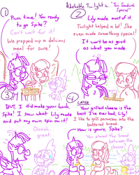 Size: 4779x6013 | Tagged: safe, artist:adorkabletwilightandfriends, cheese sandwich, lily, lily valley, spike, twilight sparkle, alicorn, comic:adorkable twilight and friends, adorkable, adorkable twilight, basket, cheese, comic, confused, cute, dork, dripping, eating, excited, excitement, food, happy, nervous, outdoors, picnic, picnic basket, river, sitting, slice of life, smiling, twilight sparkle (alicorn), water
