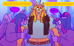 Size: 2430x1516 | Tagged: safe, artist:dapperlilarts, sci-twi, sunset shimmer, twilight sparkle, alicorn, unicorn, anthro, belt, clothes, denim, dialogue, ears back, feathered wings, female, fight, horn, jealous, jeans, lesbian, midriff, open mouth, orange coat, pants, pinpoint eyes, ponytail, purple coat, ship:sci-twishimmer, ship:sunsetsparkle, shipping, shirt, speech bubble, sweater, tricolored hair, turtleneck, twilight sparkle (alicorn), twilight's castle, two toned hair, unicorn horn, vest, wings