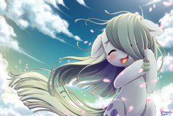 Size: 1800x1200 | Tagged: safe, artist:symbianl, marble pie, earth pony, pony, g4, blushing, cloud, cute, eyes closed, female, floppy ears, hair over one eye, marblebetes, mare, open mouth, open smile, outdoors, petals, signature, sitting, sky, smiling, solo, tail, windswept mane