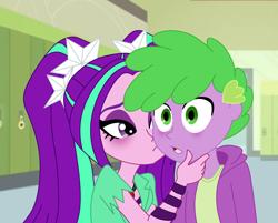 Size: 1850x1487 | Tagged: safe, artist:spike17, aria blaze, spike, human, equestria girls, g4, blushing, hand on face, human spike, humanized, kissing, ship:ariaspike, shipping