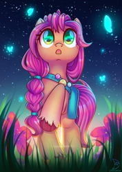 Size: 2480x3508 | Tagged: safe, artist:wavecipher, sunny starscout, butterfly, earth pony, pony, g5, :o, badge, braid, female, flower, fluttershy's cutie mark, front view, grass, high res, low angle, mare, night, night sky, open mouth, outdoors, rainbow dash's cutie mark, raised hoof, scrunchie, sky, solo, starry eyes, stars, sunny's bag, twilight sparkle's cutie mark, unshorn fetlocks, wingding eyes