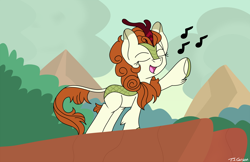 Size: 2550x1650 | Tagged: safe, artist:toonboy92484, autumn blaze, kirin, g4, awwtumn blaze, cloud, cute, eyes closed, female, horn, kirinbetes, mountain, music notes, open mouth, open smile, outdoors, raised hoof, signature, singing, sky, smiling, solo, tail