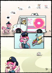 Size: 3255x4566 | Tagged: safe, artist:n-o-n, donut joe, oc, oc:sweet serving, pegasus, pony, unicorn, blue eyes, clothes, comic, corrupted, donut, female, food, freckles, happy, hat, heart, horn, mouth hold, necktie, pink pony, police, police officer, police pony, police uniform, simple background, smiling, truck, uniform
