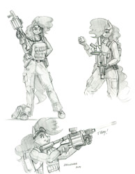 Size: 1050x1350 | Tagged: safe, artist:baron engel, pinkie pie, earth pony, anthro, unguligrade anthro, female, grenade launcher, mare, monochrome, pencil drawing, traditional art, weapon