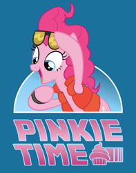 Size: 600x760 | Tagged: safe, artist:xkappax, pinkie pie, earth pony, pony, back to the future, clothes, cupcake, food, hoofband, open mouth, open smile, pinkie mcpie, smiling, solo, sunglasses, sunglasses on head, text, vest