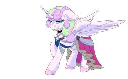 Size: 1810x1122 | Tagged: safe, oc, oc only, alicorn, pony, clothes, collar, curly hair, curly mane, digital art, dress, ear fluff, ears back, evil, evil grin, eyelashes, eyeshadow, femboy, feminine stallion, floppy ears, gala dress, girly, grin, horn, large wings, lidded eyes, long hair, long hair male, long horn, long mane, looking at you, makeup, male, mercenary insignia, mlptwtgala, png, raised hoof, shorn fetlocks, simple background, smiling, solo, stallion, transparent background, wings