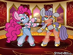 Size: 3600x2700 | Tagged: safe, artist:snakeythingy, maud pie, pinkie pie, earth pony, semi-anthro, g4, belly button, belly dance, belly dancer, belly dancer outfit, commission, dancing, desert, duo, duo female, female, harem outfit, palace, siblings, sisters, smiling