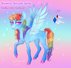 Size: 3324x3184 | Tagged: safe, artist:mammalian_alien, rainbow dash, pegasus, pony, g4, alternate design, alternate hairstyle, coat markings, colored wings, concave belly, eyelashes, eyeshadow, facial markings, female, glitter, gradient background, human lips, makeup, mare, multicolored hair, multicolored mane, multicolored tail, raised hoof, redesign, reference sheet, ringlets, solo, sparkles, sparkly hooves, spread wings, tail, two toned wings, wing fluff, wings