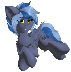 Size: 2390x2426 | Tagged: safe, artist:flapstune, oc, oc only, oc:pixi feather, pegasus, pony, g4, chest fluff, ear fluff, female, fluffy, looking at you, lying down, mare, pegasus oc, signature, simple background, smiling, smiling at you, transparent background, wings, yellow eyes