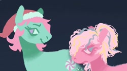 Size: 1200x676 | Tagged: safe, artist:venus_ai_, minty, pinkie pie (g3), earth pony, pony, g3, blue background, christmas, close-up, cyan coat, hat, holiday, infected, infection, infection au, mlp infection, pink coat, pink mane, santa hat, simple background, smiling, smirk, two toned mane, worried