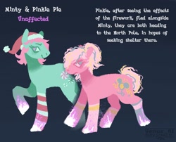 Size: 1660x1340 | Tagged: safe, artist:venus_ai_, part of a set, minty, pinkie pie (g3), earth pony, pony, g3, blue background, blue eyes, christmas, close-up, clothes, cyan coat, description, hat, holiday, infected, infection, infection au, magenta eyes, mlp infection, pink coat, pink mane, raised leg, santa hat, signature, simple background, smiling, smirk, socks, story included, two toned mane, walking, worried