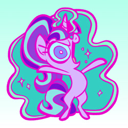 Size: 2048x2048 | Tagged: safe, artist:janegumball, part of a set, starlight glimmer, pony, unicorn, g4, big eyes, big head, bipedal, blue sclera, chibi, colored pupils, colored sclera, enamel pin, evil starlight, eyelashes, female, glowing, glowing horn, gradient background, high res, horn, magic, mare, open mouth, open smile, pin design, pink coat, ponytail, profile, purple eyes, s5 starlight, smiling, solo, sparkles, standing, tail, tied mane, tongue out, two toned mane, two toned tail, wide eyes